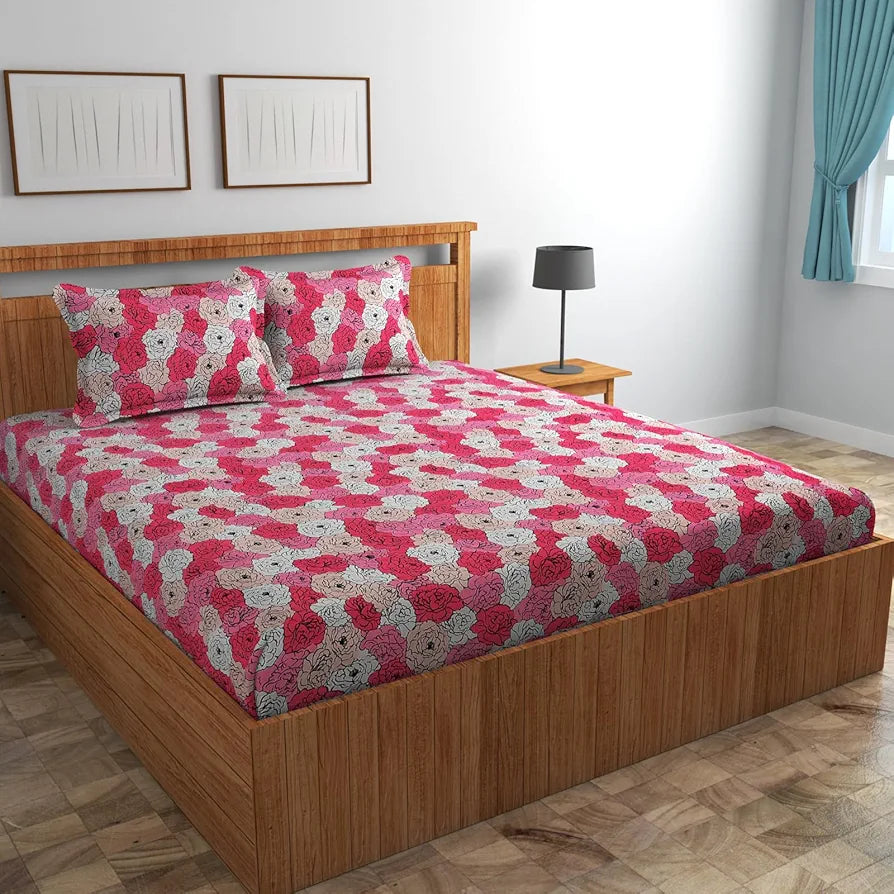 Homefab India 160 TC Glace Cotton Double BedSheet with 2 Pillow Covers -  - Pink, Floral